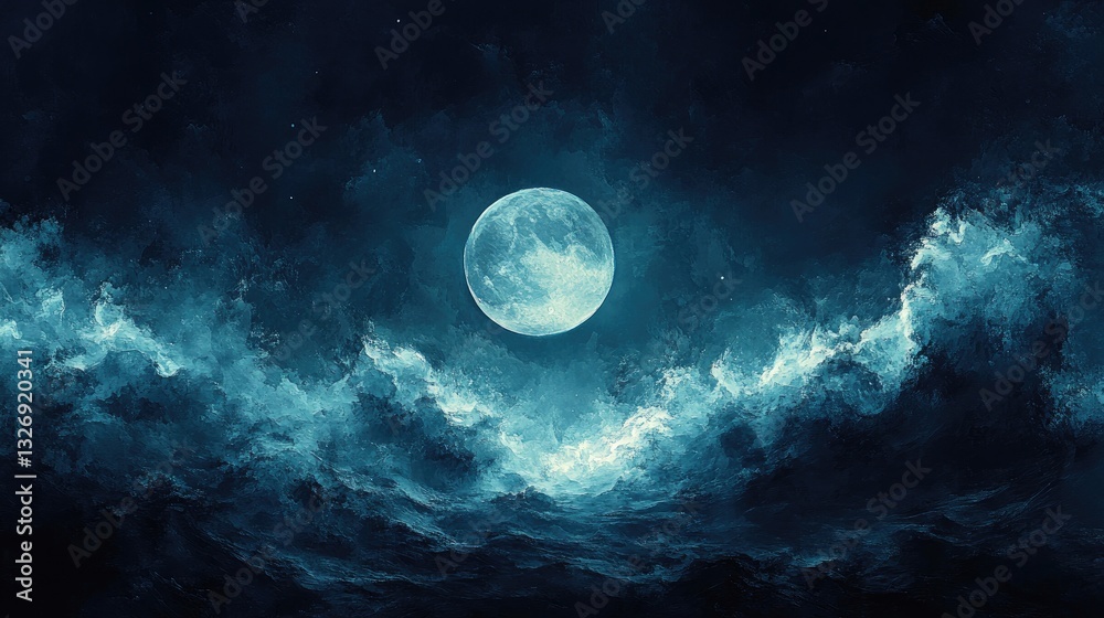 Fototapeta premium Full moon over dark clouds at night, mystical scene, fantasy background