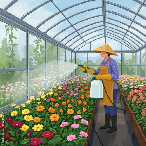 Worker Spraying Flowers Inside Greenhouse Cultivating Plants and Floral Variety