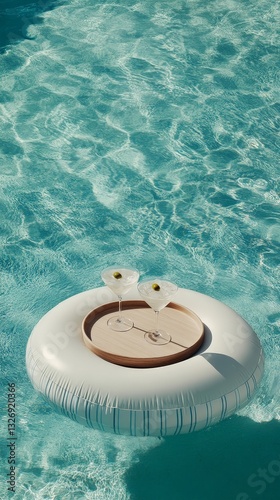 Refreshing Drinks on a Floating Tray in Clear Water