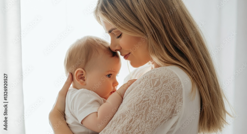 Caucasian female adult embracing caucasian baby, displaying love and care Caucasian female adult embracing caucasian baby, displaying love and care