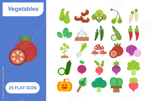 Vegetables Flat Icon Set, Collection of 25 Vegetables Flat Icon Set – 25 Carrot, Tomato, and Healthy Food Icons