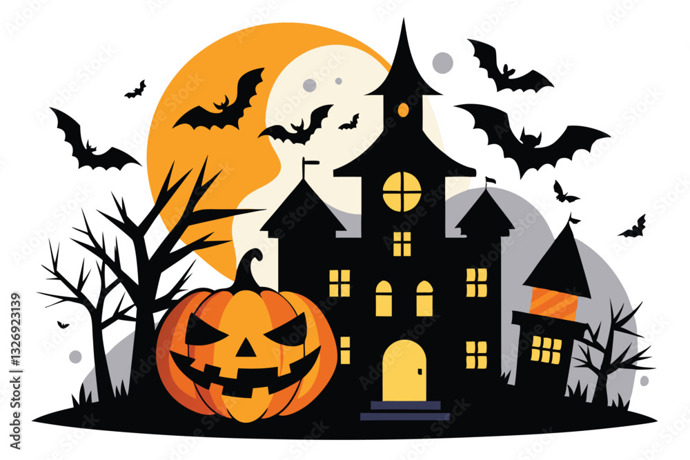 Halloween night with bats and haunted house Halloween night with bats and haunted house