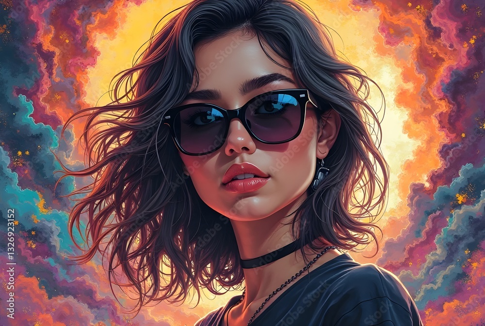 A woman with a colorful, abstract background and a pair of sunglasses A woman with a colorful, abstract background and a pair of sunglasses