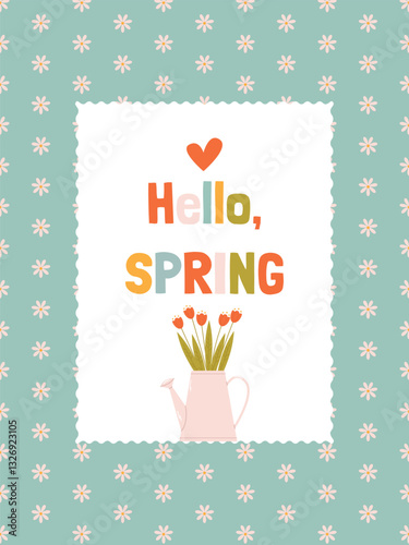 Cute card congratulating on the beginning of spring on a floral background with a pink watering can