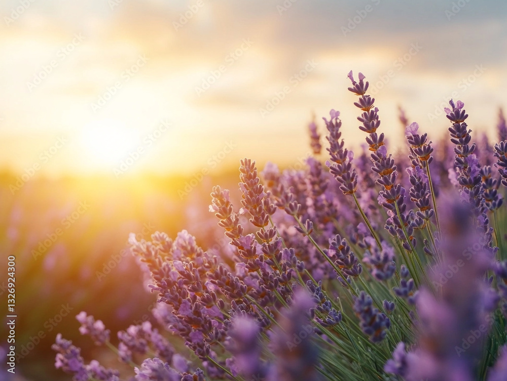 Fototapeta premium Lavender field blooms under a golden sunset sky