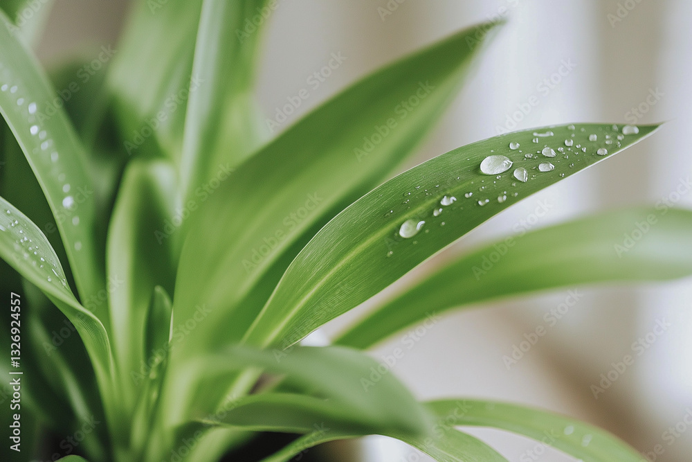 Fototapeta premium Close-up of dewdrops on the leaves of a spider plant, symbolizing freshness and purified air.