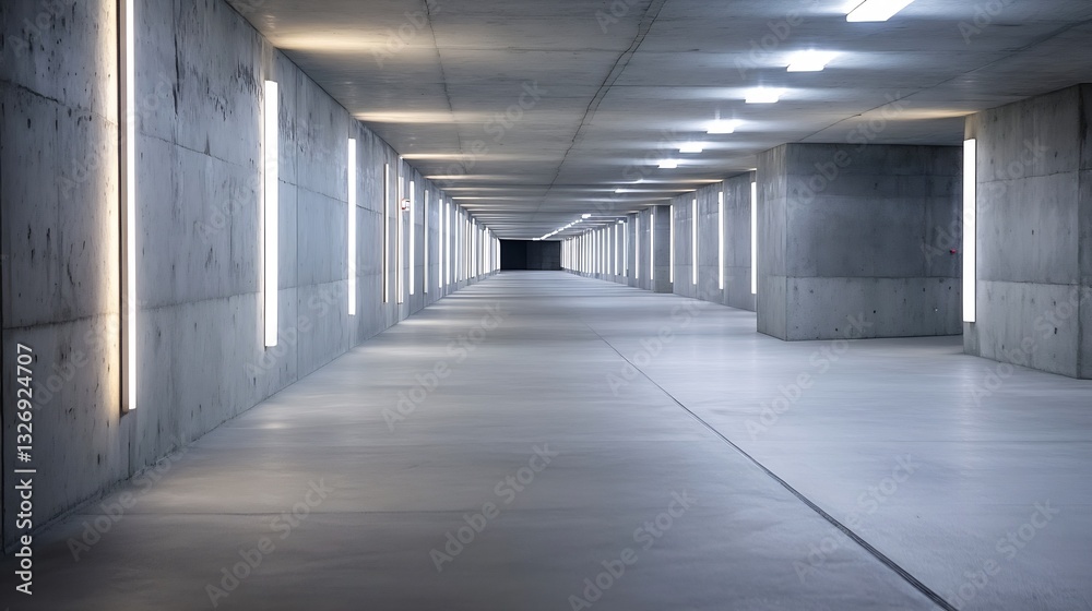Minimalistic underground parking garage with bright lights and smooth concrete walls : Generative AI Minimalistic underground parking garage with bright lights and smooth concrete walls : Generative AI