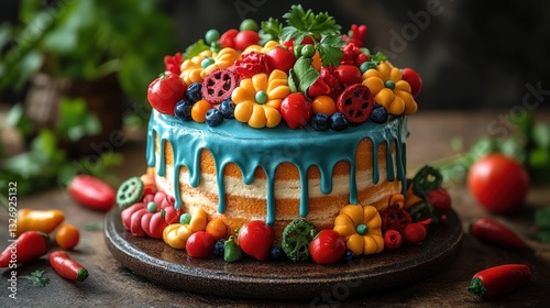 Vibrant Decorated Cake on Rustic Wooden Table