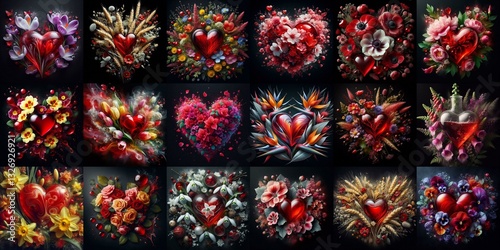 Glass heart with flowers on black background. AI generated illustration photo