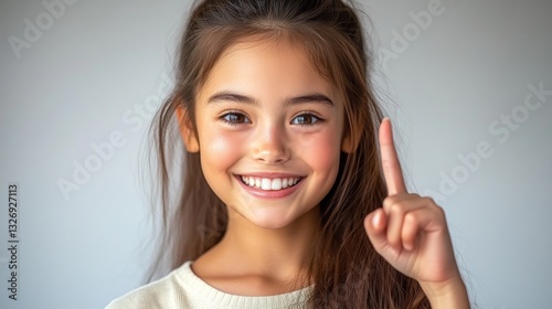 Young girl with long brown hair is smiling and pointing her finger. She is wearing a white shirt and she is happy