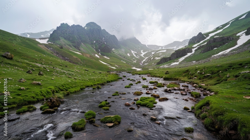 Serene Mountain Valley with Stream and Lush Greenery in Nature Serene Mountain Valley with Stream and Lush Greenery in Nature