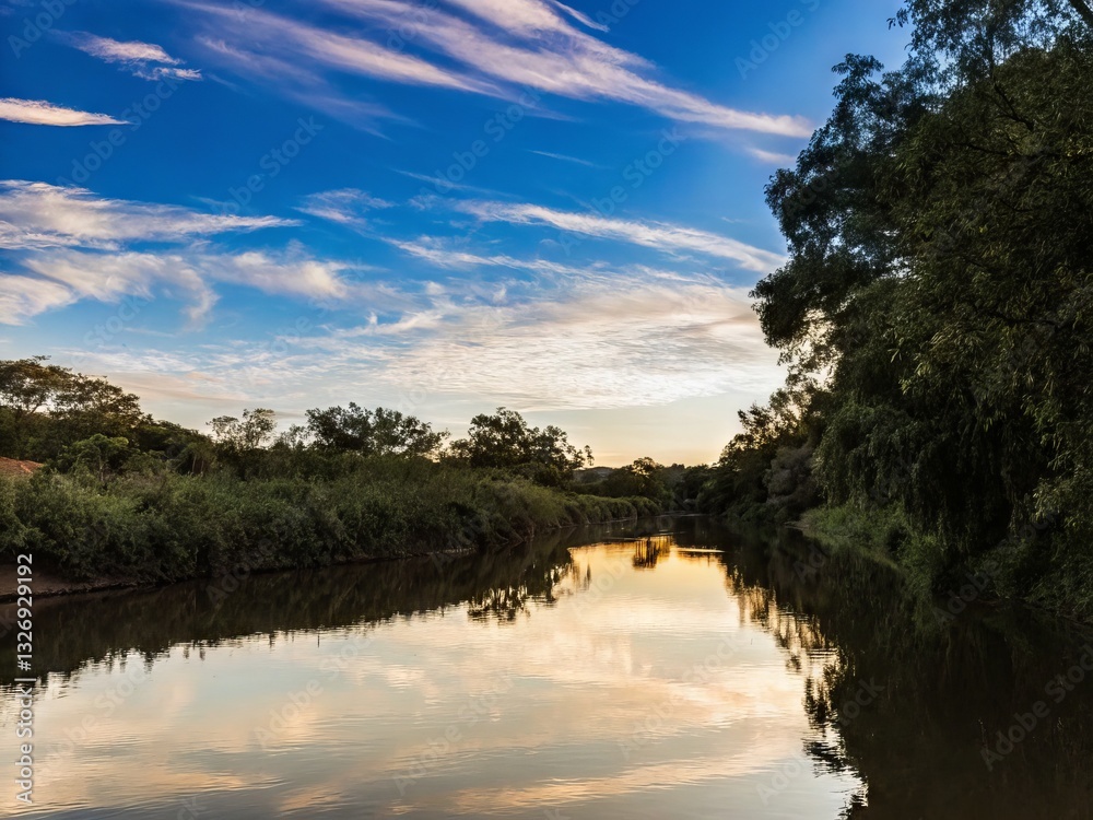 Fototapeta premium Tranquil River Sunset Reflection Serene Landscape Nature Photography Calm Waters Peaceful Viewpoint Scenic Serenity