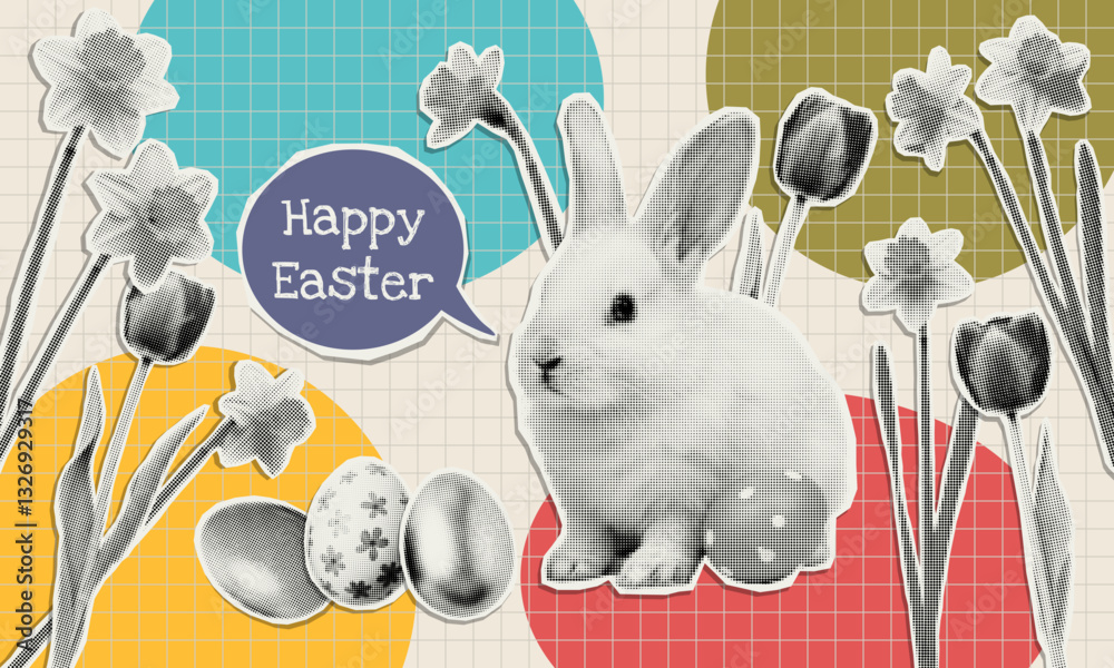 Happy Easter greetings collage cut out with halftone effect in pop art style. Easter trendy vintage sticker for card, banner, background.