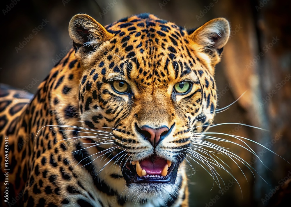 Obraz premium Furious Leopard: Powerful Close-Up of an Angry Big Cat with Copy Space for Text