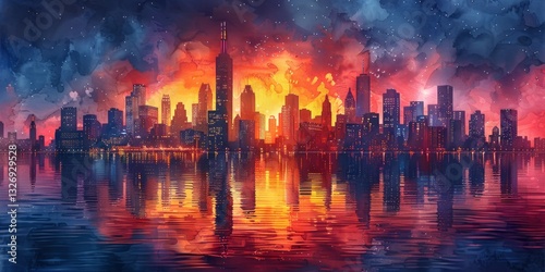 Watercolor City Skyline Illustration of Famous Buildings and Silhouette with Hand Drawn Doodle Elements in Colorful Clean Lines