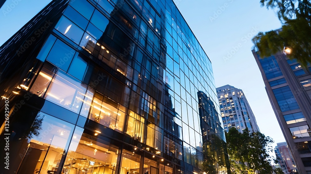 Fototapeta premium Modern glass building reflecting city lights and skyline at dusk in an urban setting : Generative AI