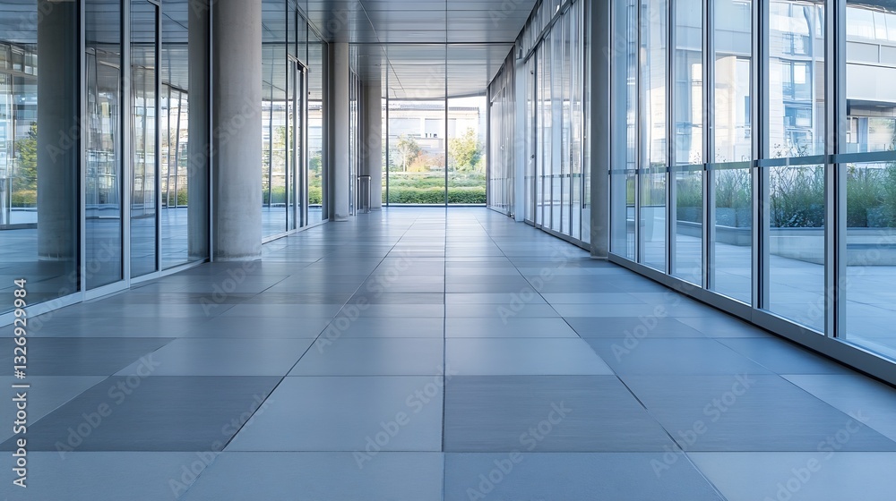 Modern architectural design featuring large glass walls and sleek tile flooring in a spacious corridor : Generative AI Modern architectural design featuring large glass walls and sleek tile flooring in a spacious corridor : Generative AI
