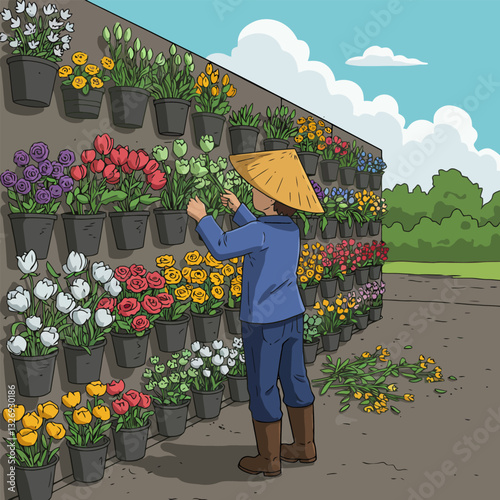 Gardener Tending Flower Pots on Vertical Wall in Outdoor Setting