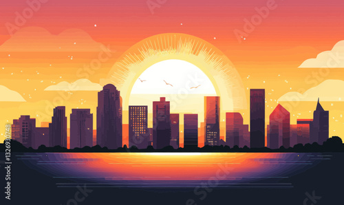 Minimalistic Sunrise Cityscape Illustration with Vibrant Colors and Silhouetted Skyline
