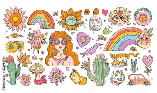 Colorful Psychedelic Hippie Doodle Vector with Flowers, Peace, and Retro Vibes