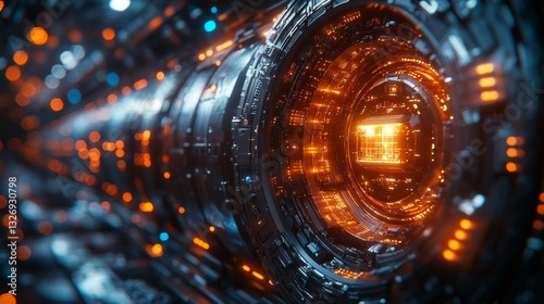 A close-up of advanced technology showcasing a futuristic reactor core with glowing energy lines and intricate mechanical details. Generative AI photo