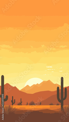 Minimalist Desert Sunset with Cacti and Mountains Illustration in Southwestern Style