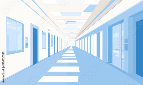 Minimalist Hospital Corridor Vector with Patient Rooms in Clinical Whites and Blues