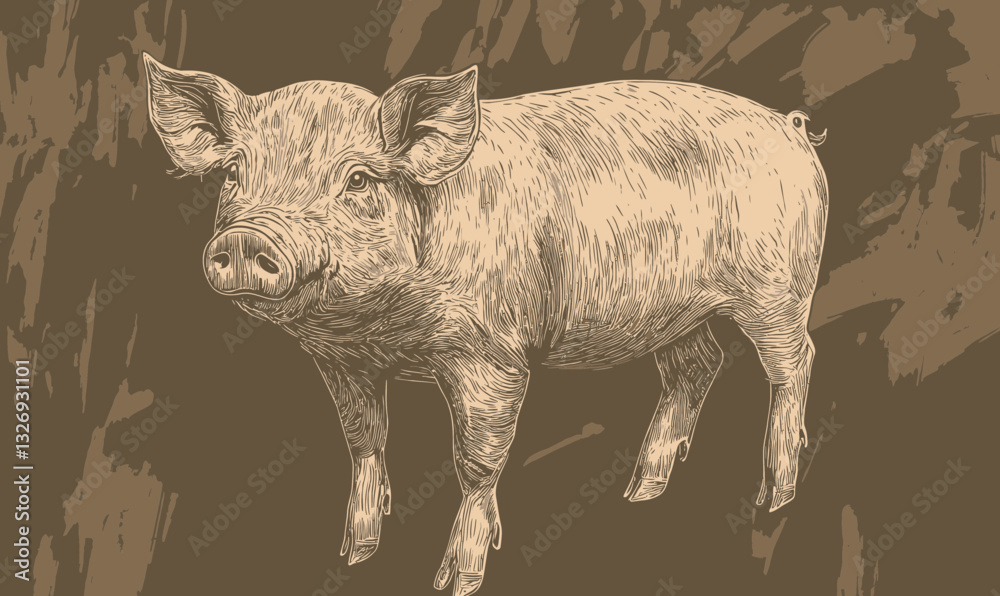 Fototapeta premium Engraved Vector Illustration of a Pig: Detailed Hand-Drawn Farm Animal Art