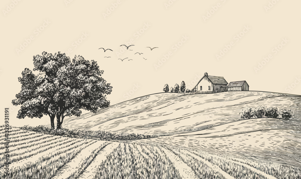 Fototapeta premium Scenic Rural Farm Landscape in Engraving Style Vector Illustration