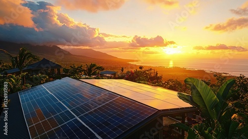 Maison crÃ©ole de l'ile de la rÃ©union, sur le toit des panneau photovoltaÃque, ambience sunset, phtographie ultra-rÃ©aliste, 4K photo