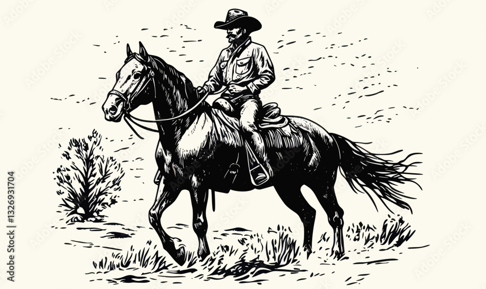 Fototapeta premium Rustic Cowboy on Horseback Vector Illustration Engraving Style