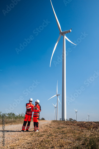Wallpaper Mural Vertical wind turbine male and female engineers standing among turbines in rural field Torontodigital.ca