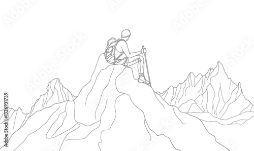Minimalist Line Art of Mountain Explorer with Backpack and Trekking Poles on Summit