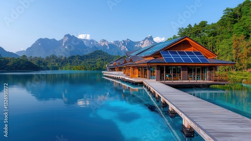 Scenic Eco-Friendly Resort Overlooking Serene Lake and Majestic Mountain Range