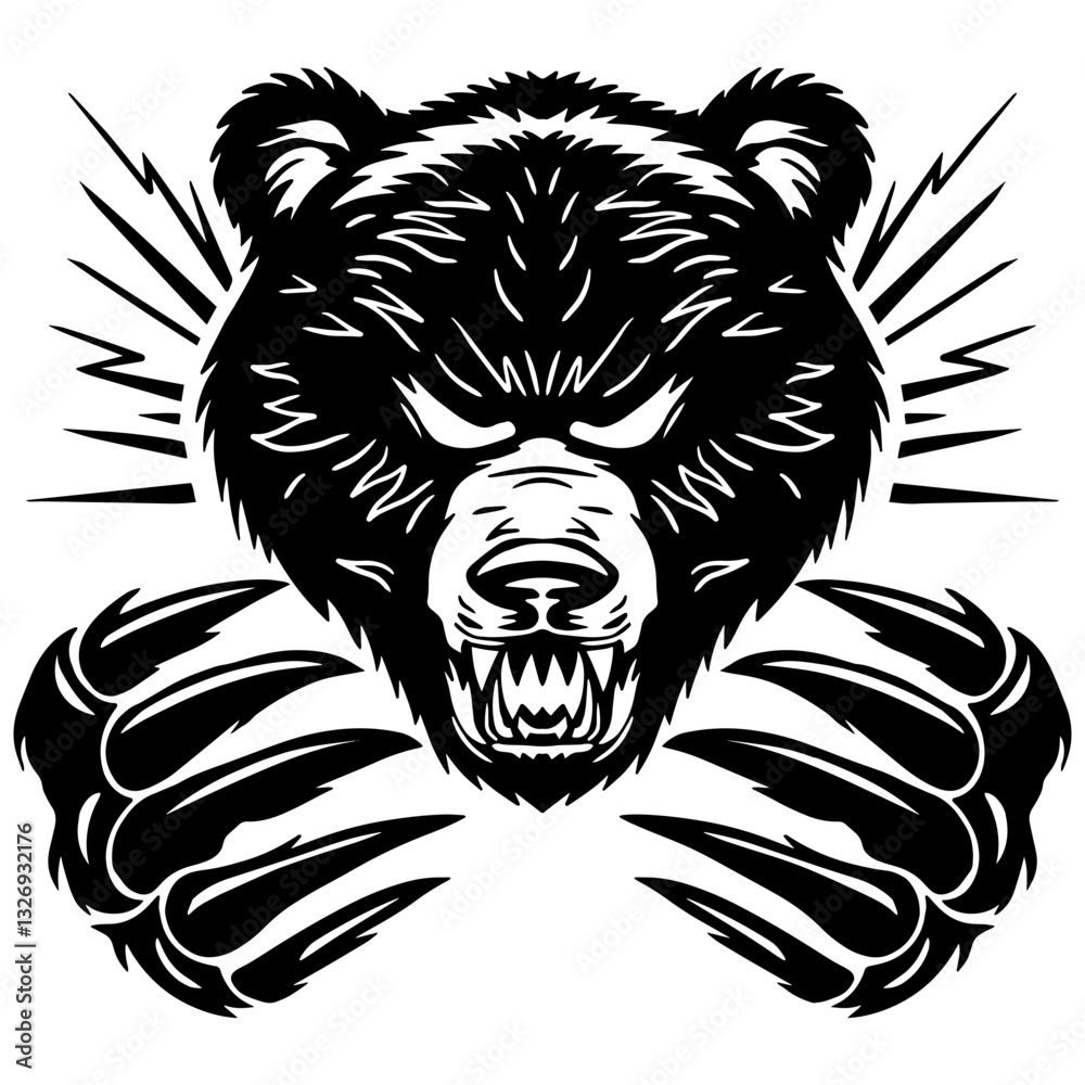 Fototapeta premium Angry bear head with sharp claws in a black and white vector illustration. Perfect for sports teams, tattoos, mascots, and logo design.
