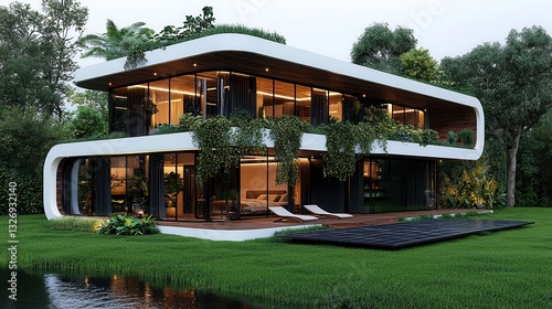 Modern eco-friendly house with lush greenery and a tranquil water view