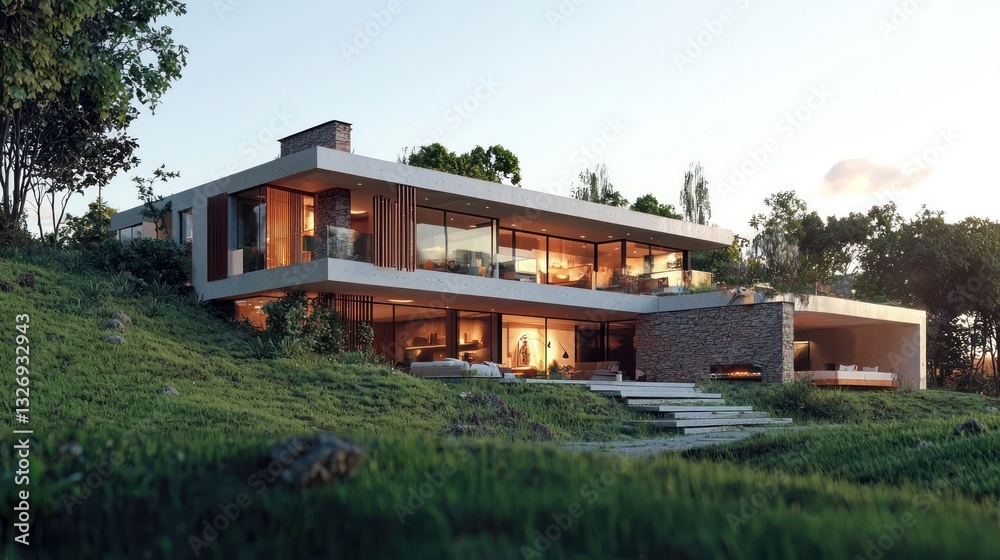 Modern Hillside Home: Architectural Design at Dusk Modern Hillside Home: Architectural Design at Dusk
