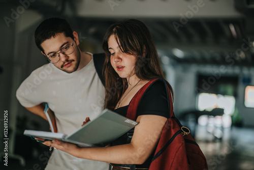 Two students are engaged in a focused discussion, reviewing notes together in a casual, educational environment. The atmosphere is relaxed yet studious, promoting collaboration and learning.