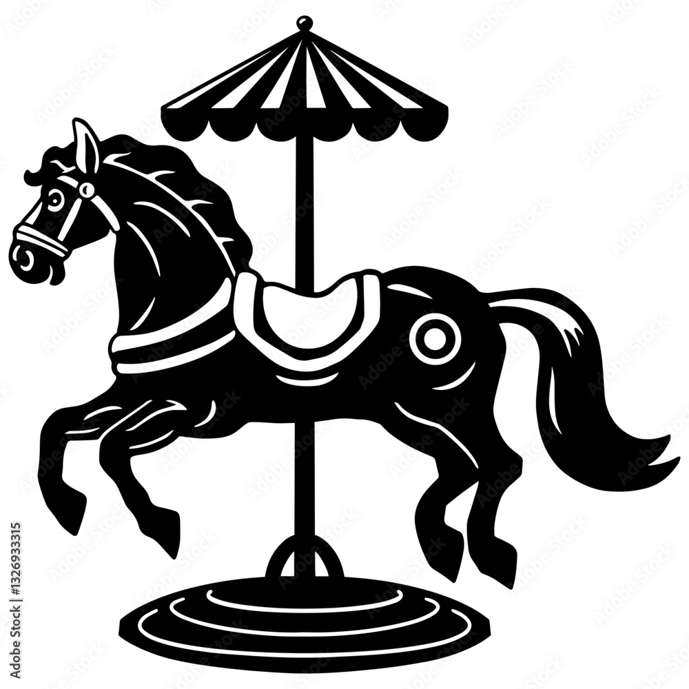 Vintage carousel horse silhouette with elegant details. Classic amusement park ride design for prints, stickers, tattoos, and digital art.