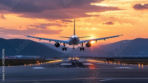 Commercial airplane landing at the airport during a dramatic sunset with mountain backdrop : Generative AI photo