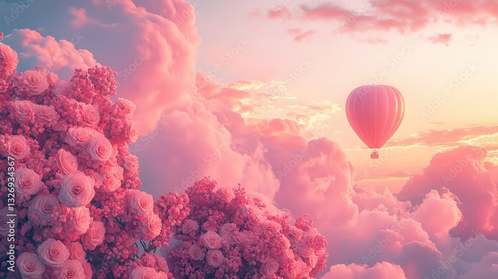 Fototapeta premium Photo of a balloon in pink clouds at sunset with bouquets of roses