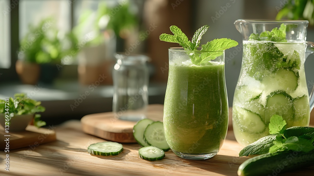 A healthy lifestyle concept featuring a cucumber mint smoothie in a minimalist kitchen, next to a glass pitcher with infused cucumber water, natural wood textures, organic aesthetic, A healthy lifestyle concept featuring a cucumber mint smoothie in a minimalist kitchen, next to a glass pitcher with infused cucumber water, natural wood textures, organic aesthetic,