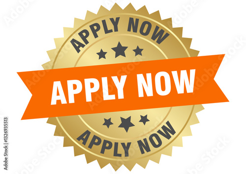apply now. apply now round orange and gold label isolated on transparent background