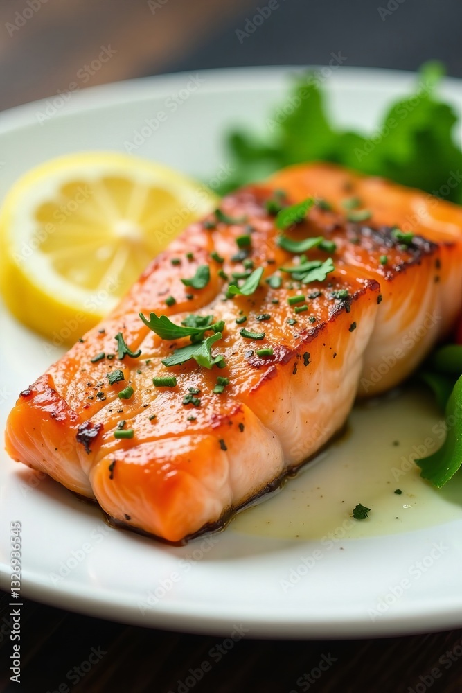 Close-up of juicy, flaky salmon fillet served with lemon and herbs on a white plate, lemon, moist, seafood Close-up of juicy, flaky salmon fillet served with lemon and herbs on a white plate, lemon, moist, seafood