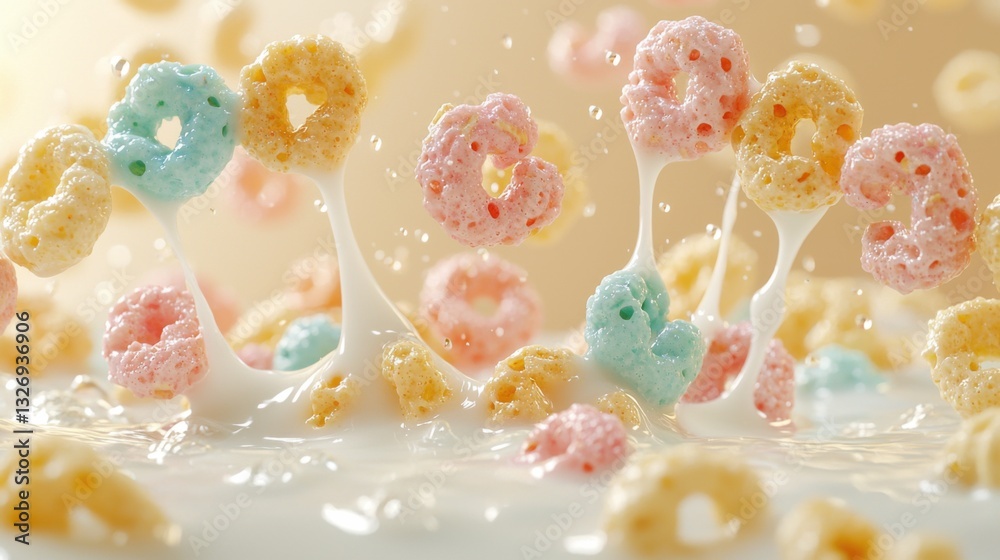 Colorful cereal splashes in milk create a playful breakfast scene early in the morning Colorful cereal splashes in milk create a playful breakfast scene early in the morning