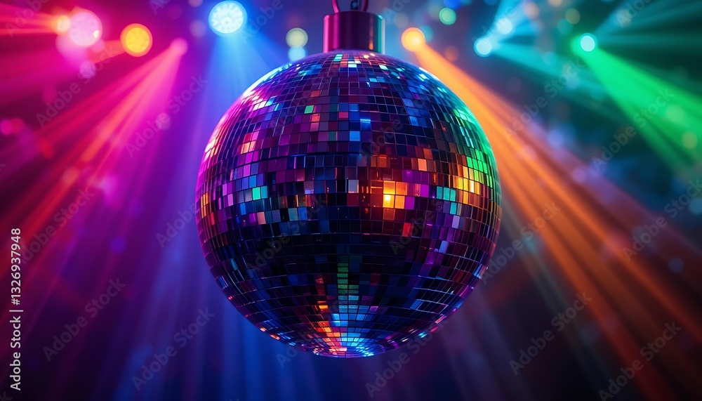 Fototapeta premium Disco Ball Reflecting Colorful Lights Creates a Vibrant Party Atmosphere