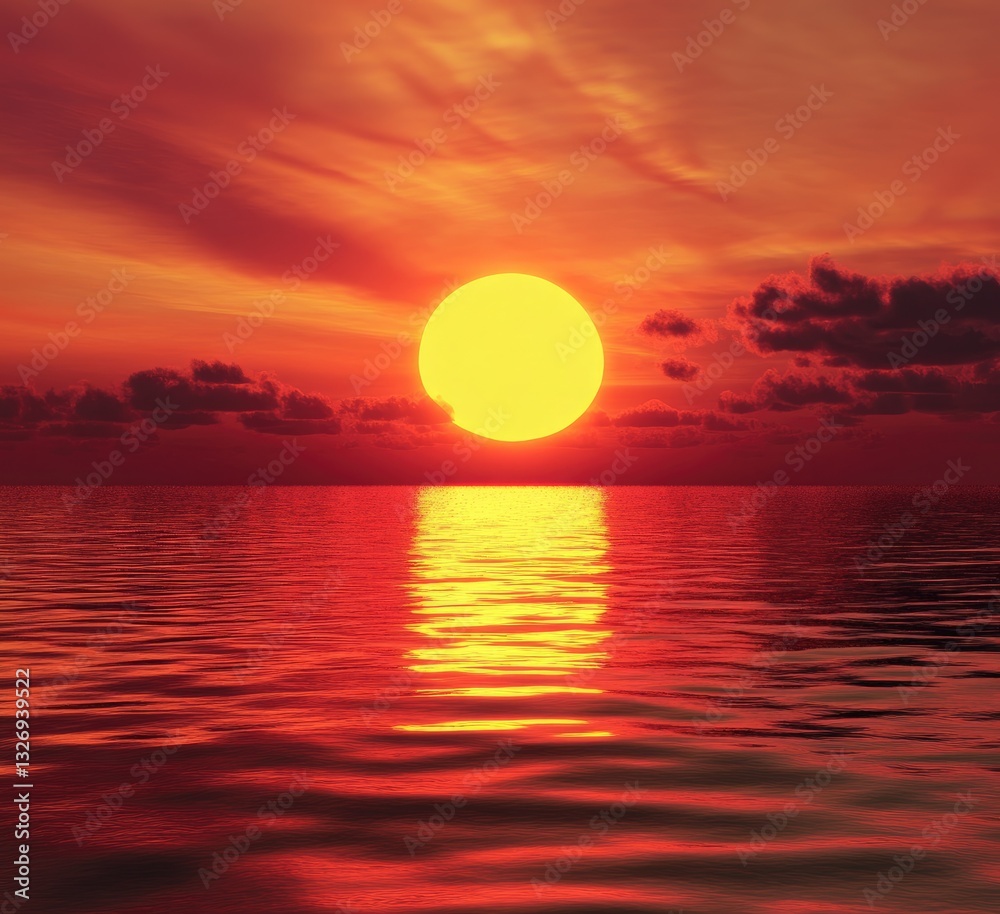 Fiery Sunset Over Still Ocean Fiery Sunset Over Still Ocean