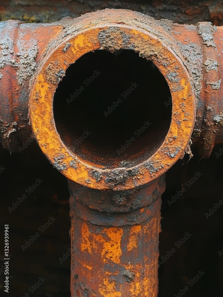 Industrial aged metal pipe fitting with rust and corrosion detail close up in orange and black tones Industrial aged metal pipe fitting with rust and corrosion detail close up in orange and black tones