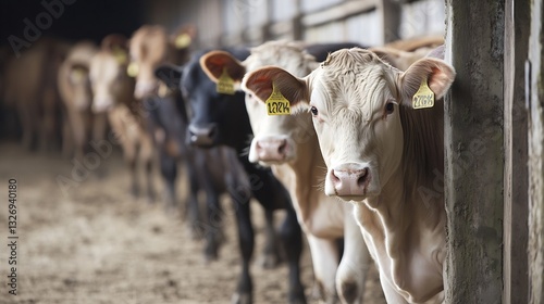 Curious Cows in a Barn with Id Tags Waiting for Their Feeding Time : Generative AI
