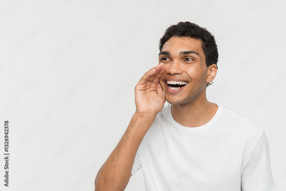 Young african american man guy in casual shouting and saying message on white isolated background, guy announcing secret and whispering on copy space, advertising promo concept Young african american man guy in casual shouting and saying message on white isolated background, guy announcing secret and whispering on copy space, advertising promo concept